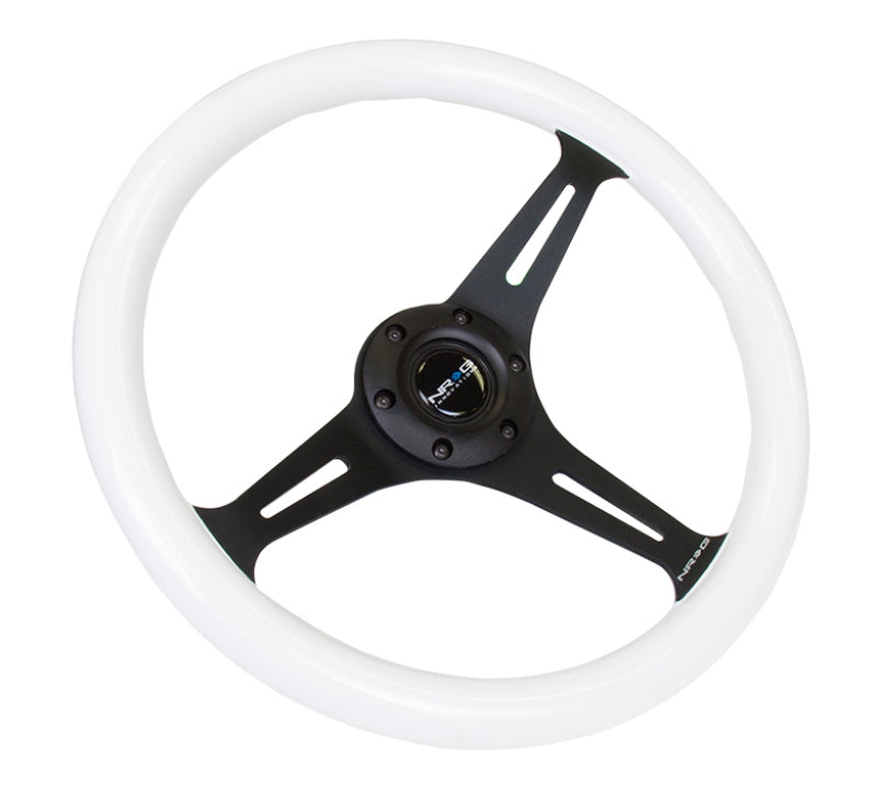 NRG Classic wood grain steering wheel with green glow-in-the-dark grip and black 3-spoke center, 350mm diameter for car interior.