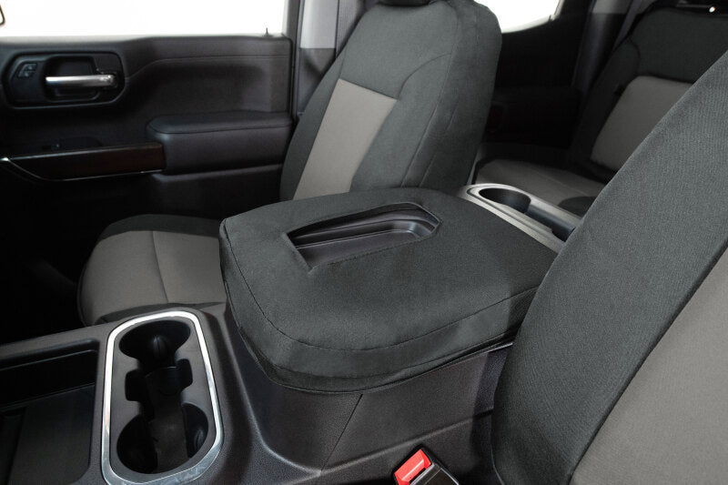 Covercraft Endura PrecisionFit second row seat covers for Ford Expedition 2021-2024, charcoal and silver, custom fit, durable fabric.
