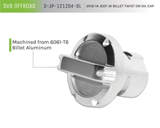 DV8 Offroad 2012-14 Jeep JK twist-on billet oil cap for engine hardware, made of polished metal with DV8 branding.