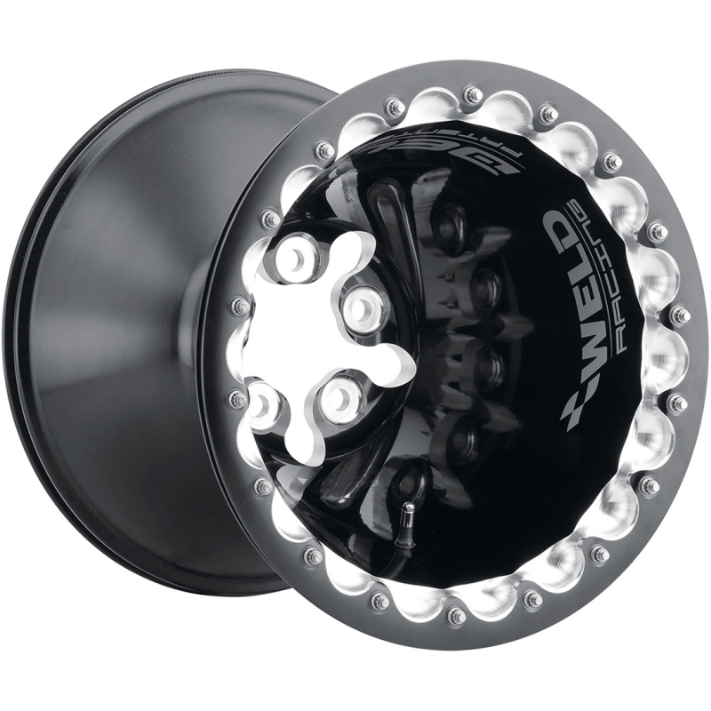 Weld Delta-1 TA forged wheels in black with polished double spokes, 16x16 inch size, featuring 5x5.5, 4 bolt pattern, 3.5 HB.