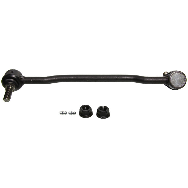Moog Nissan Altima 2002-2006 front right sway bar endlink kit showing metal components and bushings in a close-up shot.