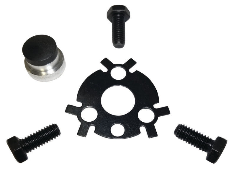Moroso Chevrolet Small Block V6 cam stop button kit with late style flat timing cover, hardware kit for engine timing accuracy.