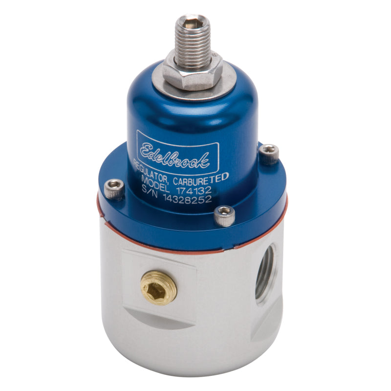 Edelbrock carbureted fuel pressure regulator with blue and clear finish, 160 GPH, 5-10 PSI, 3/8-inch in/out and return ports.
