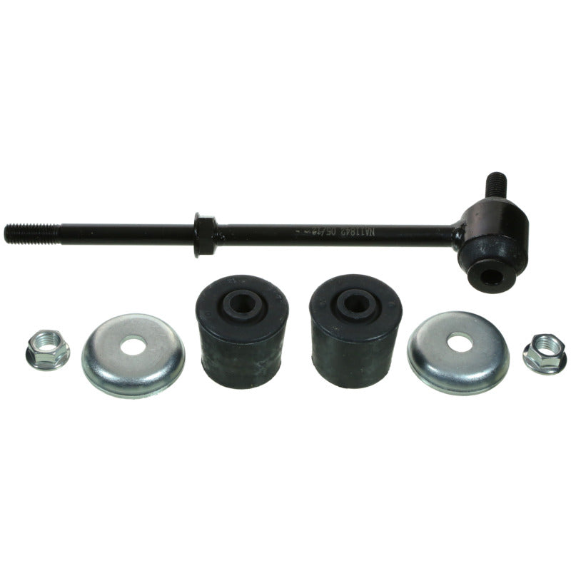 Moog Buick LaCrosse rear sway bar link, model 73484, showing the metal endlink with mounting bushings for suspension stability.