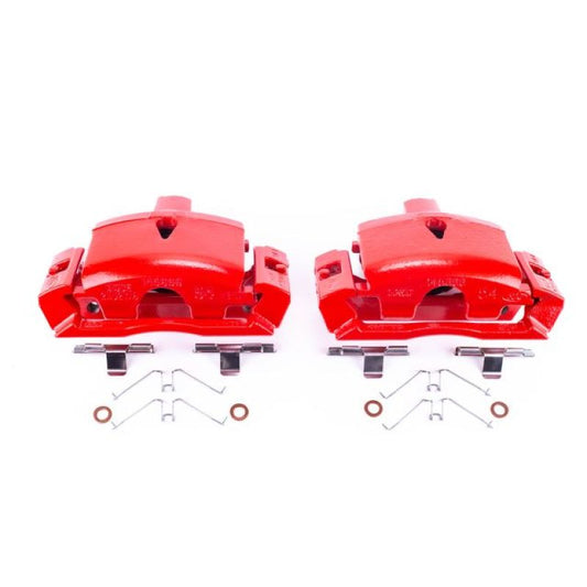 Pair of PowerStop red rear brake calipers with brackets for Ford E-150 2004-2006, performance brake calipers.