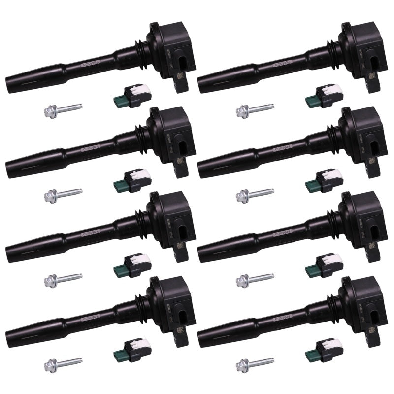 Ford Racing 5.0L/5.2L Hi-Energy Engine Ignition Coils set of 8, showing sleek black coils with electrical connectors.