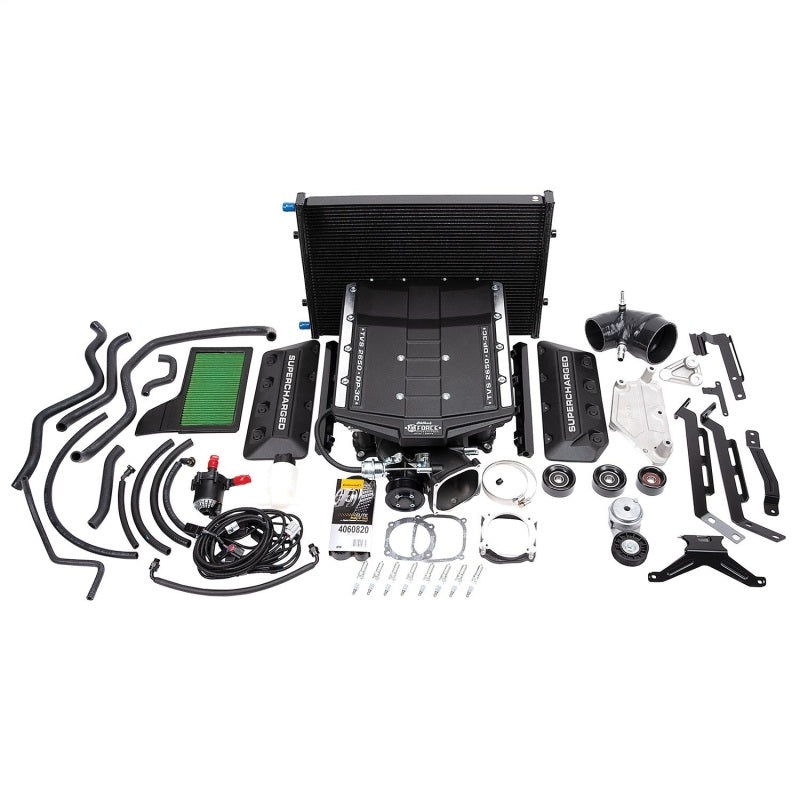 Edelbrock Supercharger Stage 1 street kit for 2018 Ford Mustang GT 5.0L, showing the supercharger unit and components.