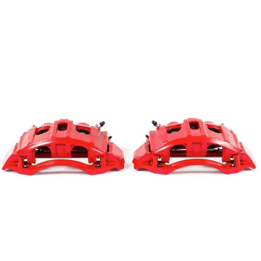 Pair of PowerStop rear red brake calipers with brackets for 2008-2014 Ford E-150 van, performance upgrade for enhanced braking.