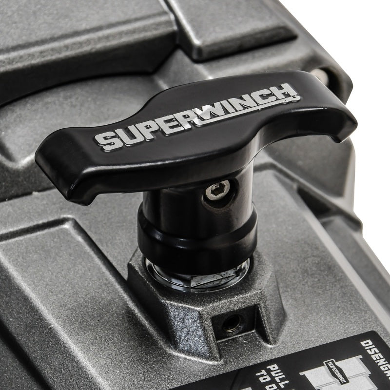 Superwinch 12000 LBS 12V DC synthetic rope winch with 80ft rope, graphite finish, suitable for off-road and heavy-duty recovery.