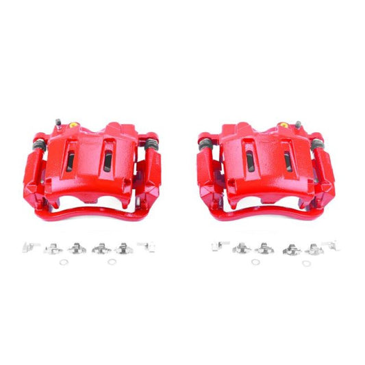 Pair of PowerStop front red brake calipers with brackets for 2005-2012 Ford F-250 Super Duty trucks, performance brake component.
