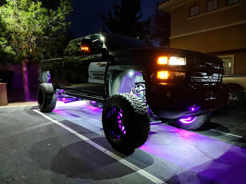 Oracle Lighting LED illuminated wheel rings with ColorSHIFT, no remote, showcasing vibrant multi-colored wheel accents.