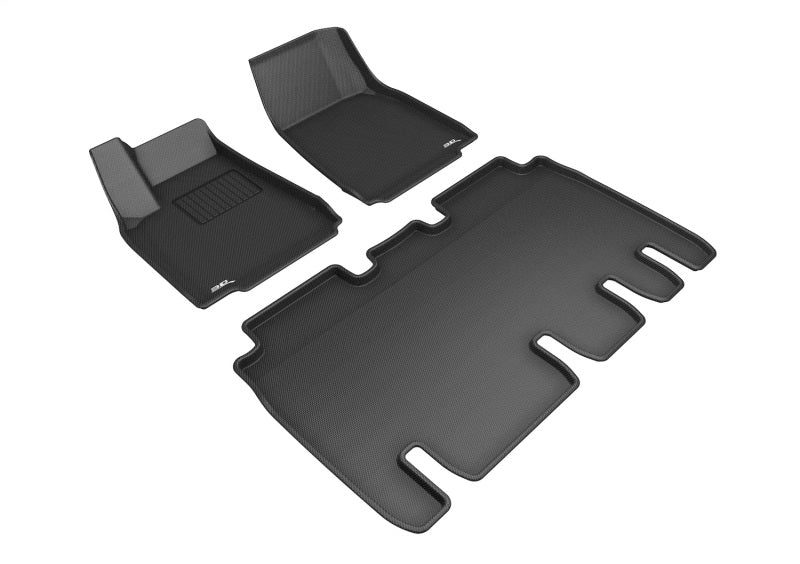 3D MAXpider black rubber floor mats for Tesla Model X 2016-2021, full set with textured surface and custom fit.