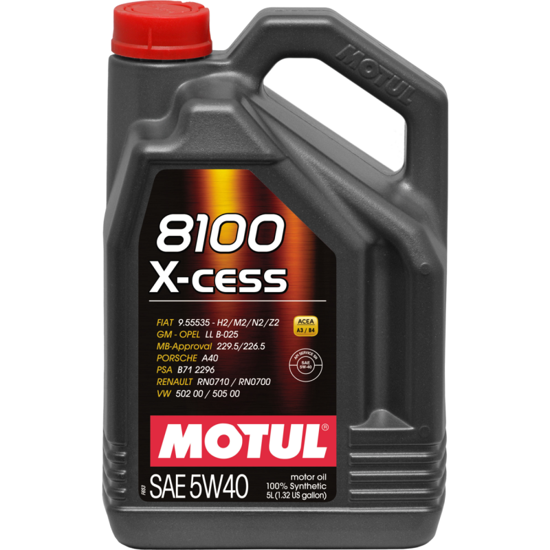 Motul 5L Synthetic Engine Oil 8100 5W-40 X-CESS Gen 2, motor oil case of 4 bottles, with engine oil containers in the image.