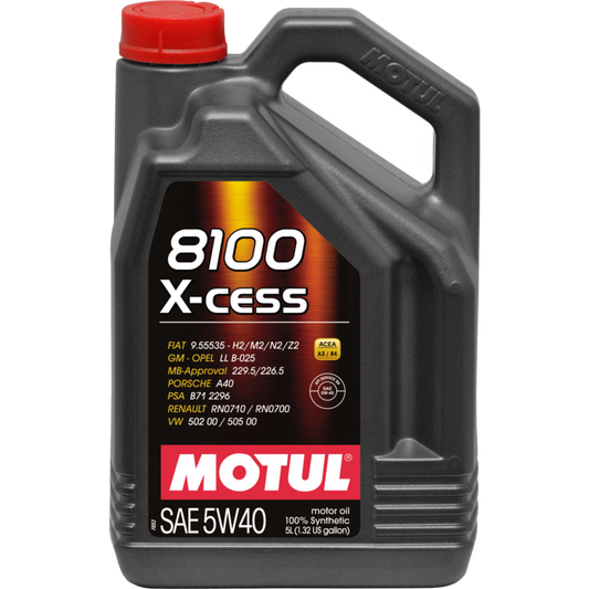 Motul 5L Synthetic Engine Oil 8100 5W-40 X-CESS Gen 2, motor oil case of 4 bottles, with engine oil containers in the image.