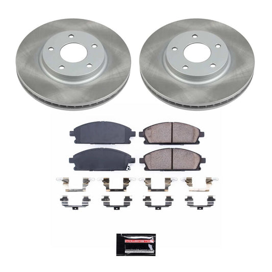 Power Stop front semi-coated rotor kit for 2004-2009 Nissan Quest, showing brake rotors with black coated surfaces and ventilation vanes.