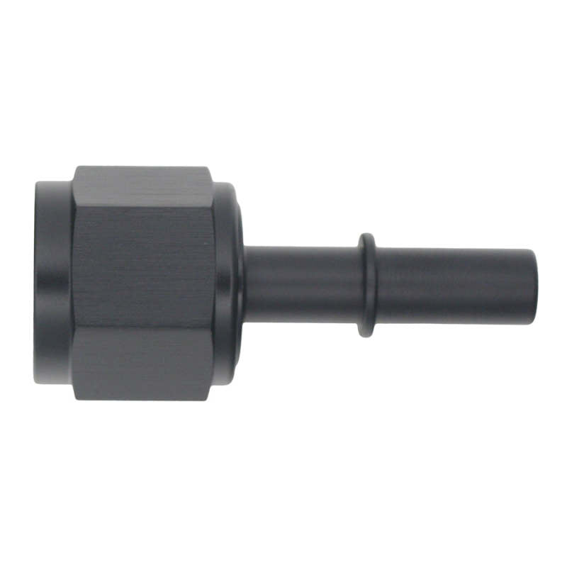 DeatschWerks 10AN female flare swivel to 3/8in male EFI quick disconnect fitting in matte black for fuel system connections.