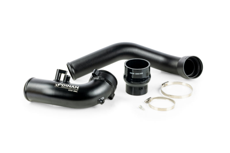 Dinan BMW G20 G22 G23 G42 B58D intercooler charge pipe system installed in engine bay with various hoses and metal components.
