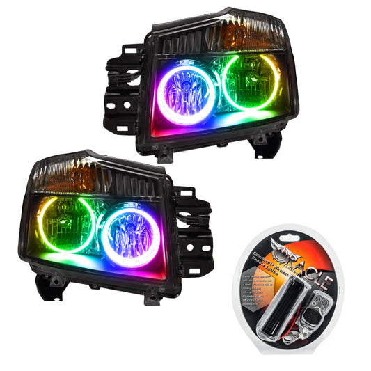 Oracle Lighting Nissan Titan 08-15 ColorSHIFT SMD headlights showing vibrant LED light strips and detailed headlight design.