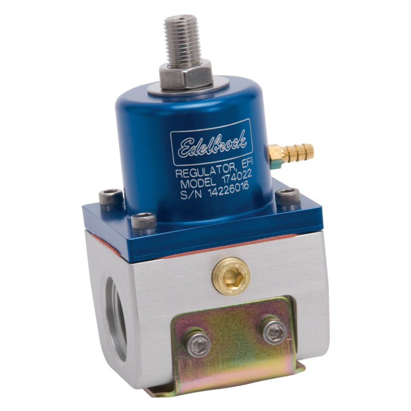 Edelbrock fuel pressure regulator for EFI systems, blue and clear design with gauge, adjustable 35-90 PSI, -10 In/Out, -6 return fittings.