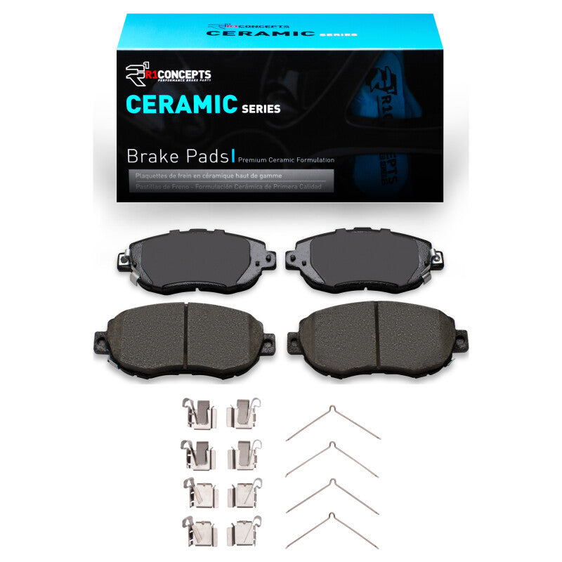 R1 Concepts R1 93-10 Lexus GS400 front ceramic brake pads and hardware kit, OE type, with brake pad and hardware components visible