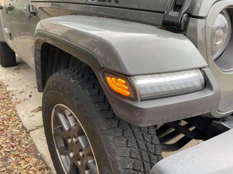 Oracle Lighting smoked lens LED front sidemarker light strip for Jeep Wrangler JL, featuring sleek smoked finish and bright illumination.