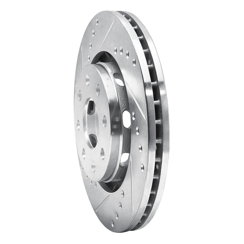 R1 Concepts silver front left drilled and slotted brake rotor for Chevrolet AVEO 2014-2017, high-performance automotive brake part