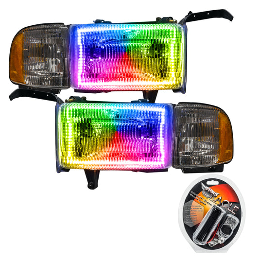 Oracle Lighting Dodge Ram 94-02 halo headlights with ColorSHIFT LED accents, pre-assembled and installed on a truck.