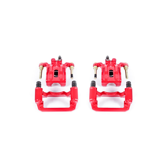 Pair of PowerStop rear red brake calipers with brackets for Nissan Frontier 2005-2018, performance automotive brake components.