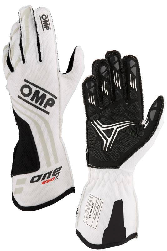 Red OMP ONE EVO-X MY24 racing gloves with FIA 8856-2018 certification, size XL, featuring textured grip for racing drivers.