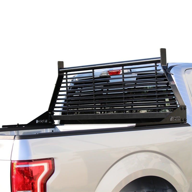 Westin black headache rack installed on a Chevrolet, GMC, Ford, or Toyota Silverado/Sierra 1500-3500 HD pickup truck.