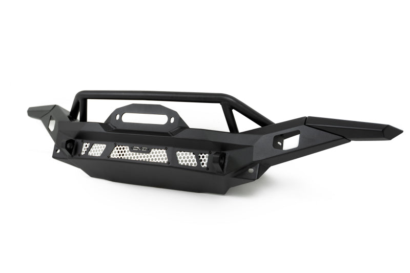 DV8 Offroad steel front bumper for Jeep Wrangler JK, JL, and Gladiator JT with rugged design and heavy-duty construction.
