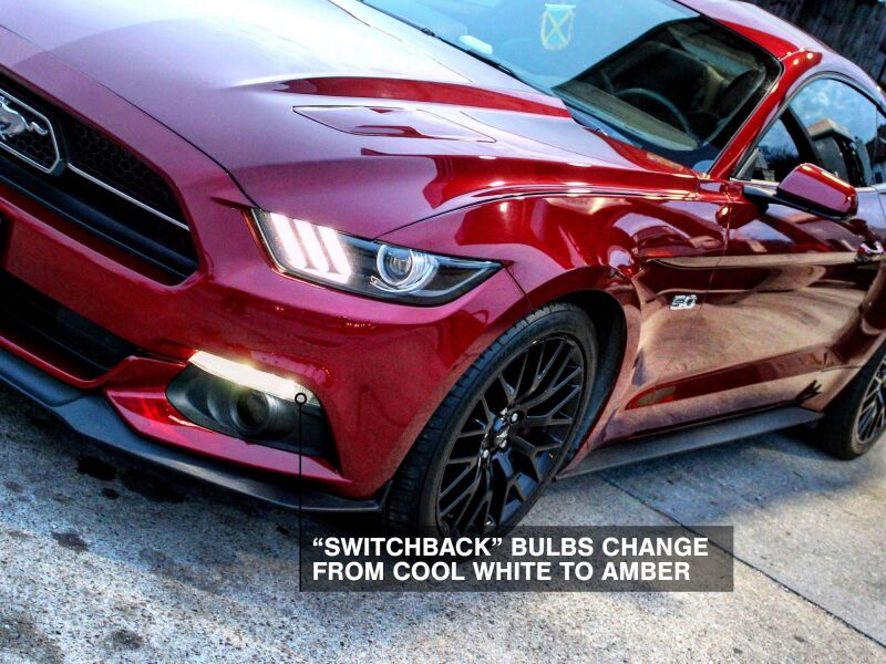 Raxiom Ford Mustang Axial Series switchback turn signal conversion kit with sidemarkers and indicators on a vehicle.