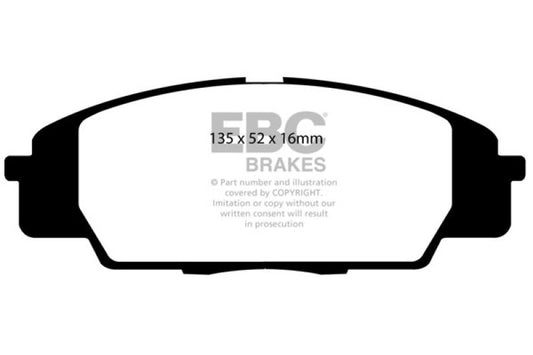 EBC 07-11 Acura CSX 2.0 Type S Redstuff front brake pads for high-performance braking system, showing the red brake pad material.