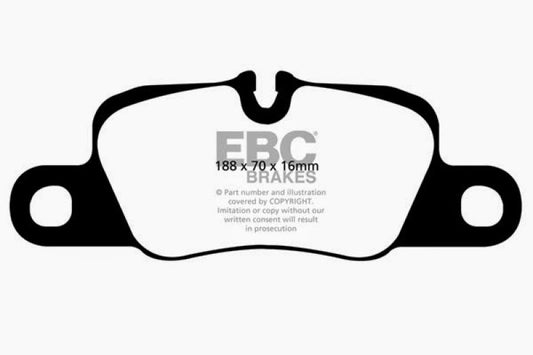 EBC rear brake pads for Porsche 911 (991) 3.8 Carrera S, cast iron rotor, performance Redstuff brake pads, shown in image.