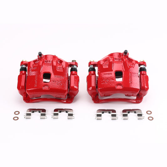 Pair of PowerStop red front brake calipers with brackets for 2013-2016 Hyundai Elantra, performance brake calipers installed on vehicle.