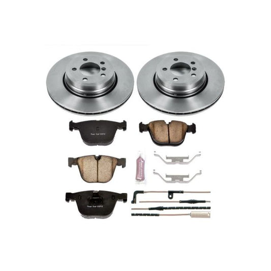 PowerStop OE rear brake kit for BMW 750i 2006-2008, showing brake rotors and pads installed on vehicle.