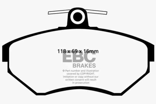 EBC Ultimax2 front brake pads for Volkswagen Cabriolet 2.0, OE quality, showing the brake pad set in a close-up view.