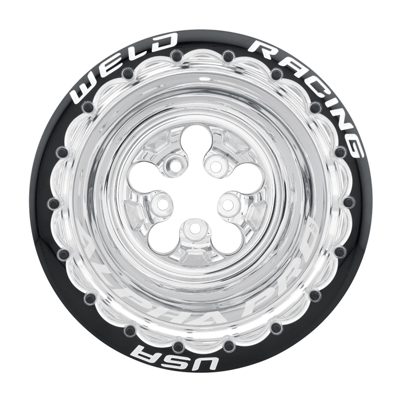 Weld Alpha-1 Pro forged wheel in black center with polished shell, 15x14 inches, 5x4.75 bolt pattern, dual mounting.
