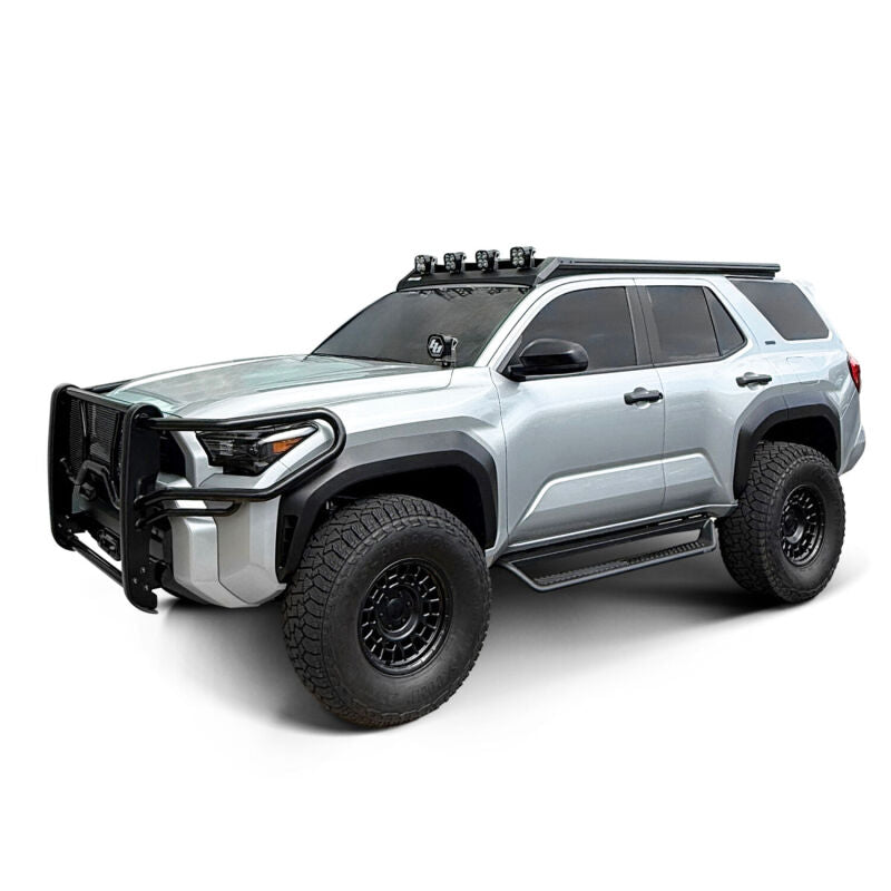 Westin Toyota 4Runner Mesa roof rack with black steel bars and mounting hardware, designed for 25-26 models.