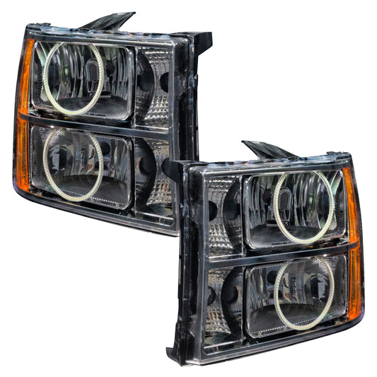 Oracle Lighting blue LED halo headlights for 2007-2013 GMC Sierra, pre-assembled with modern lighting design and clear lens.