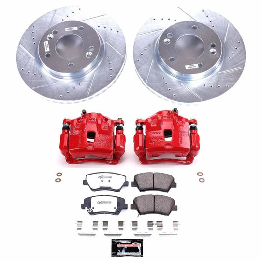 PowerStop Z26 Street Warrior front brake kit with calipers for Hyundai Elantra 2011-2016, performance brake upgrade.