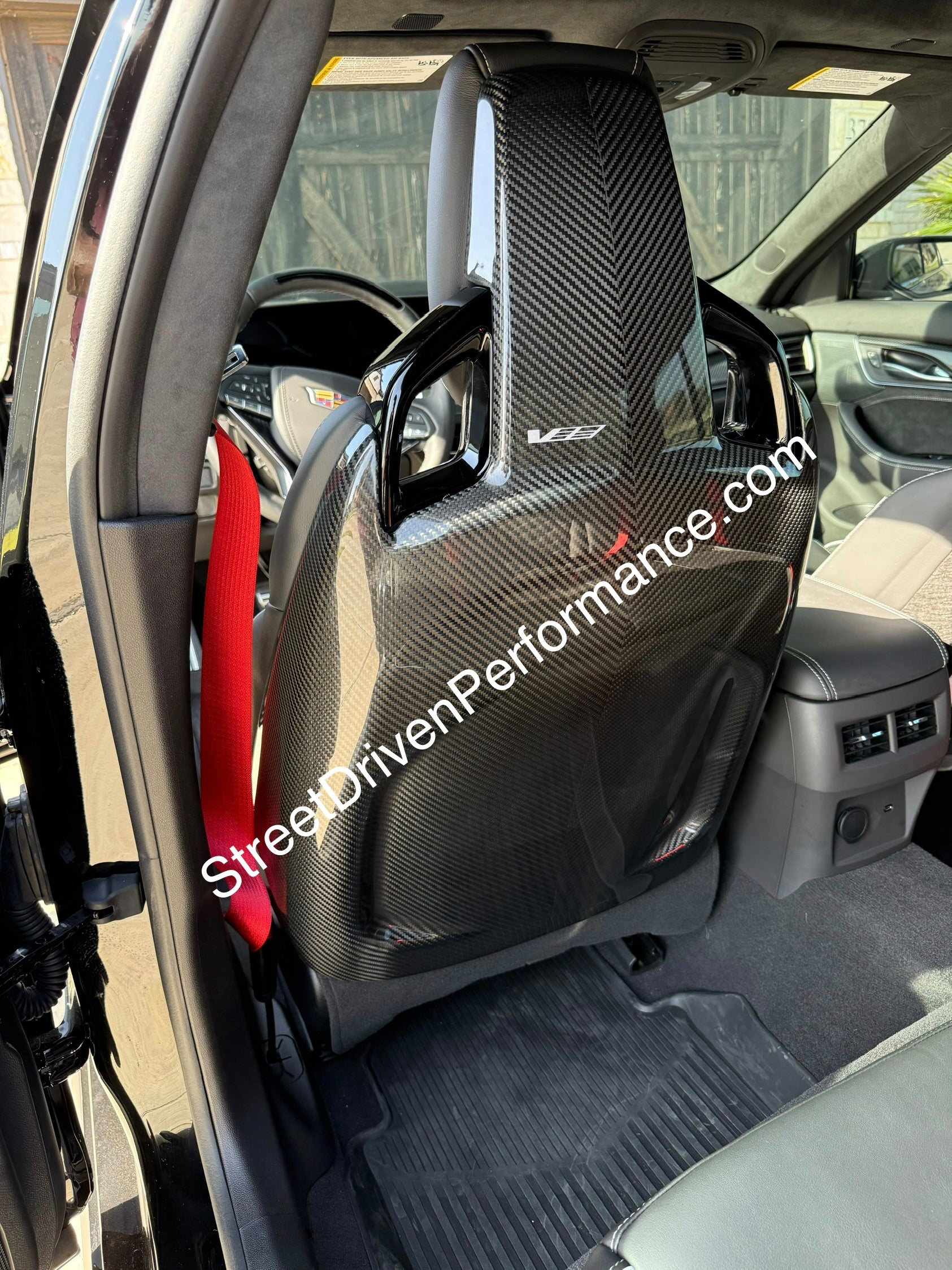 Pair of carbon fiber seat back panels for Cadillac CT5-V and CT5-V Blackwing interior trim, driver and passenger side.