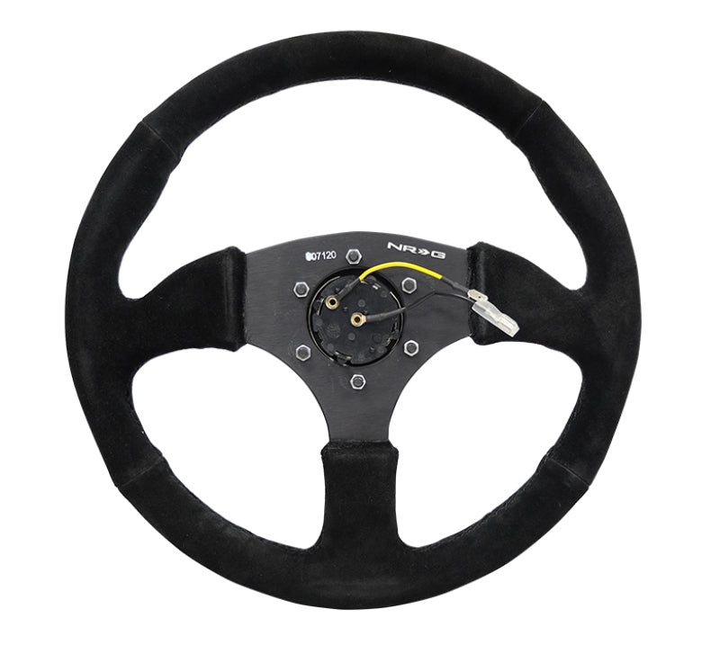 NRG reinforced black suede steering wheel, 350mm diameter, deep 2.5-inch, with matte black spokes and comfort grip design