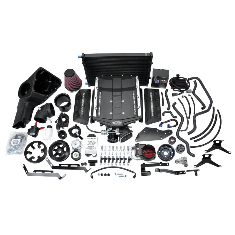 Edelbrock Supercharger Stage II for 2018-2019 Ford Mustang 5.0L Coyote engine, showing the polished supercharger unit.