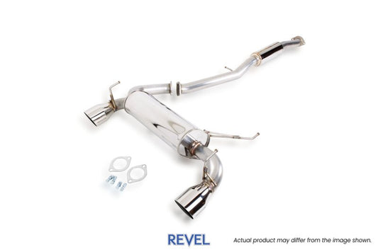 Revel 03-08 Nissan 350Z Catback Street Plus Medallion Exhaust system installed on a car, showing polished stainless steel pipes.