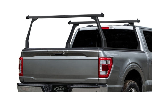 Access ADARAC 08-16 Ford F-250/F-350/F-450 black aluminum ladder truck rack installed on 8ft bed, showing sturdy construction and sleek design.