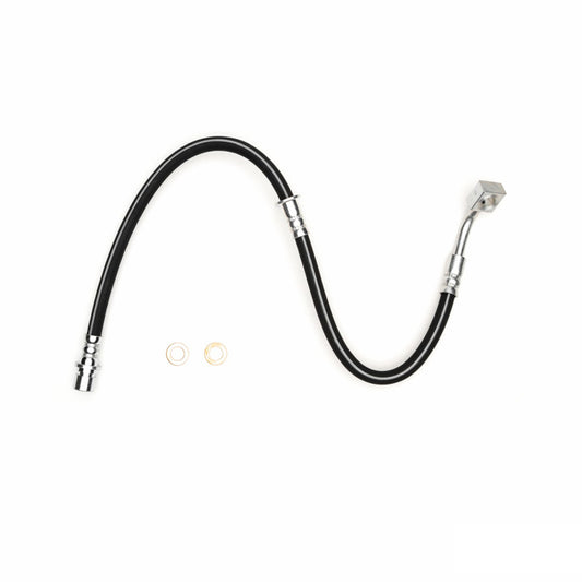 DFC 12-14 Chevrolet Camaro front-right brake hose from brake line kit, showing flexible metal braided design and fittings.