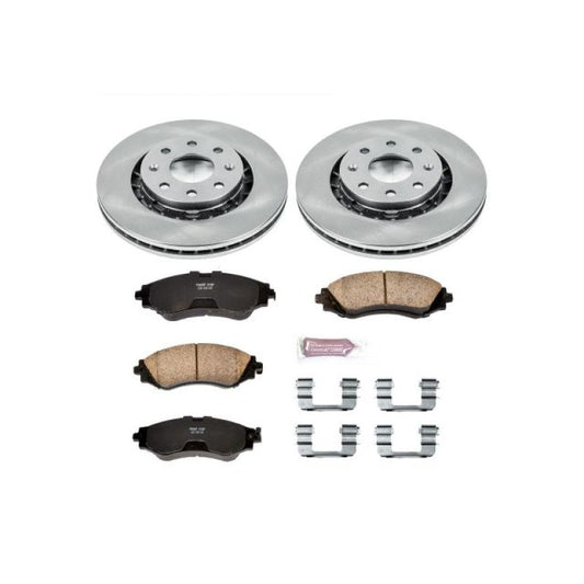 PowerStop OE front brake kit for 2004-2011 Chevrolet Aveo, including brake rotors and pads, installed on the vehicle.