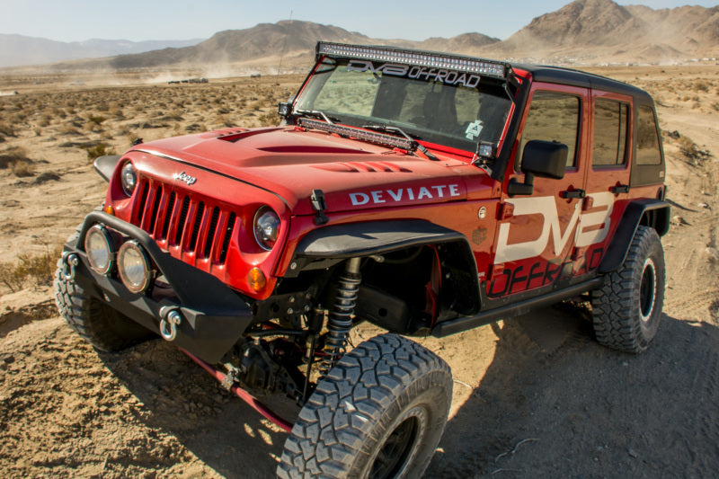 DV8 Offroad Jeep Wrangler JK flat tube front and rear fenders, black metal with rugged off-road design.