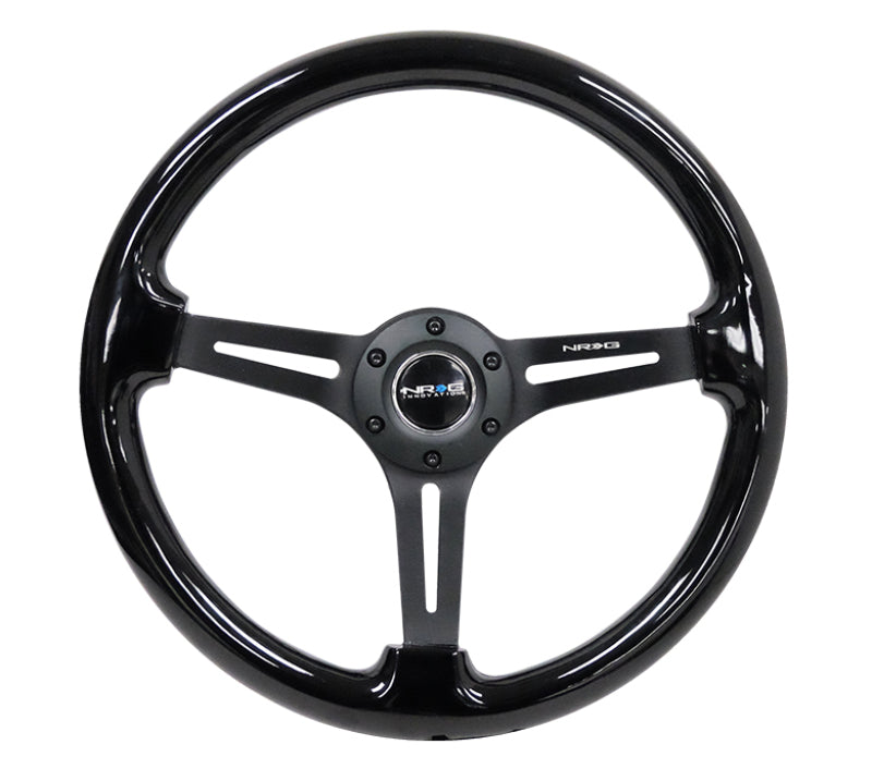 NRG reinforced 350mm black wood steering wheel with matte black spokes and center mark, suitable for racing and drifting vehicles.